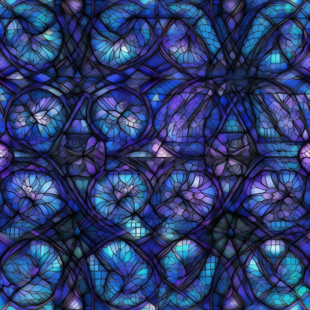 Photo a close up of a stained glass window with a lot of blue circles generative ai