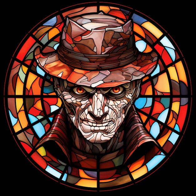 a close up of a stained glass window with a man wearing a hat generative ai
