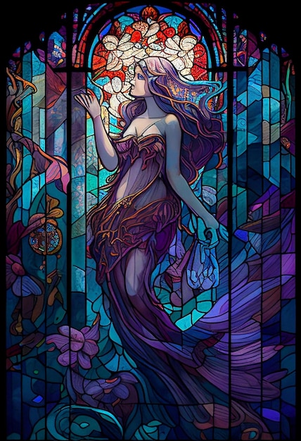 A close up of stained glass window with mermaid generative ai