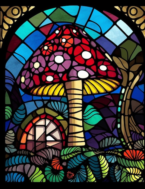 a close up of a stained glass window with a mushroom house generative ai