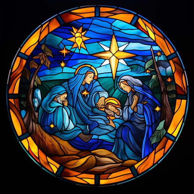 a close up of a stained glass window with a nativity scene generative ai