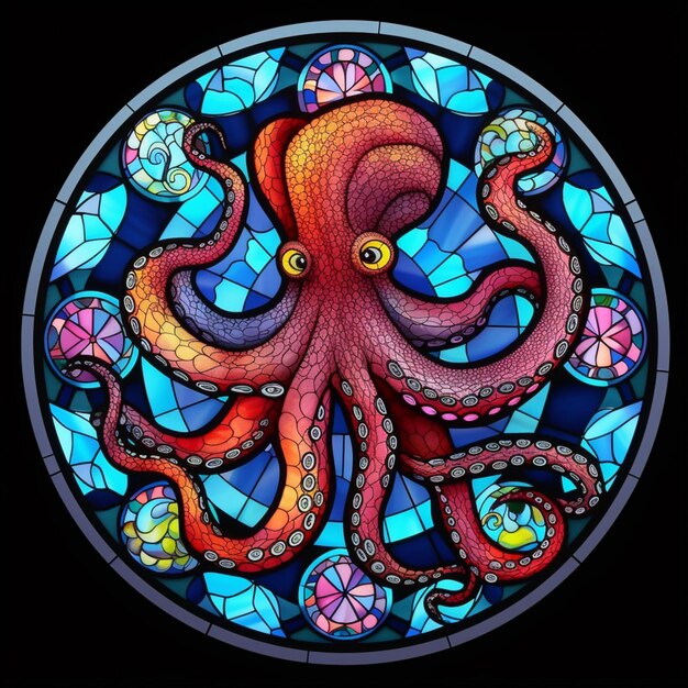 a close up of a stained glass window with an octopus on it generative ai
