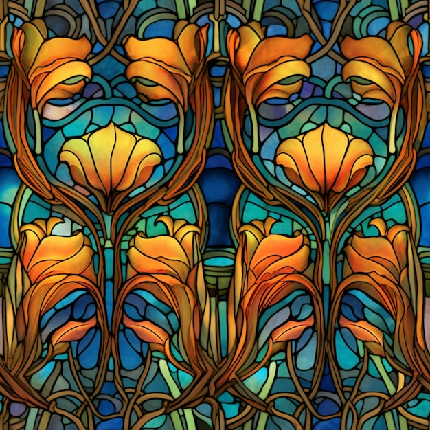 a close up of a stained glass window with orange flowers generative ai