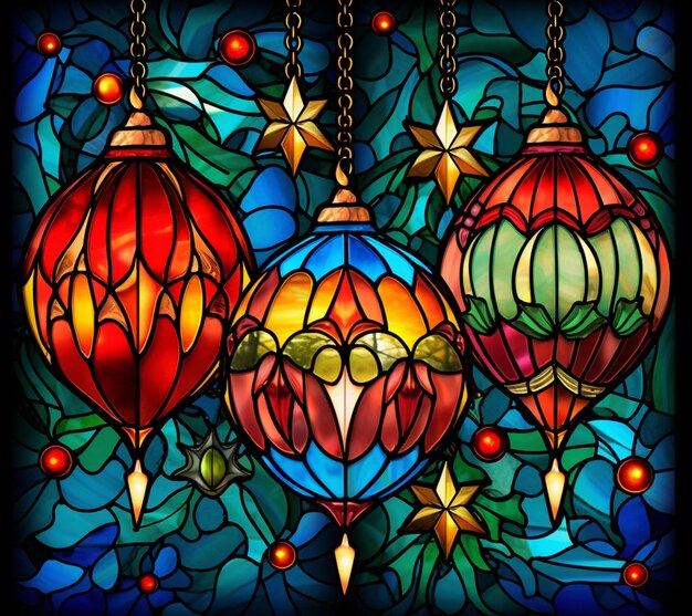 A close up of a stained glass window with ornaments hanging from it generative ai