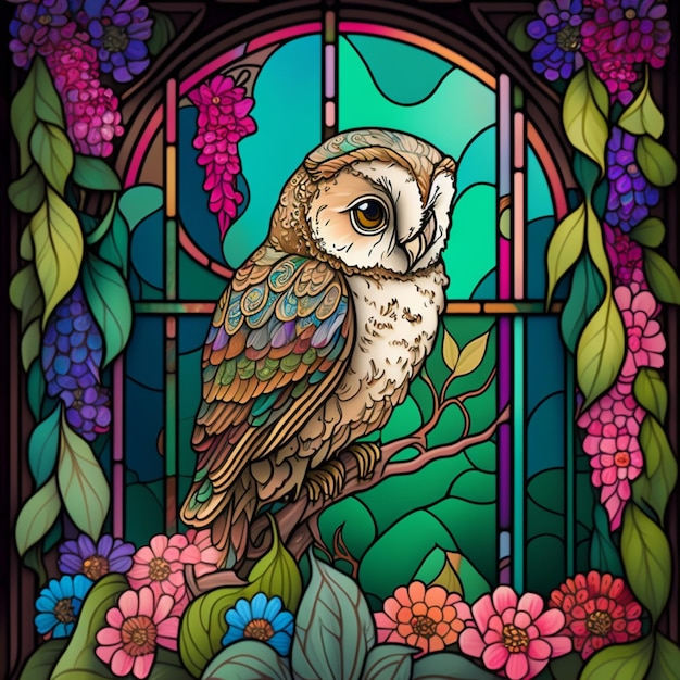 a close up of a stained glass window with a owl on a branch generative ai