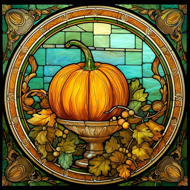 A close up of a stained glass window with a pumpkin in a bowl generative ai