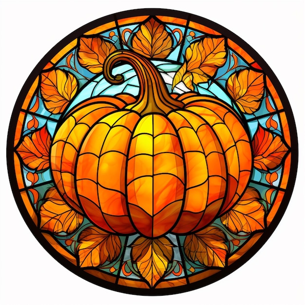 A close up of a stained glass window with a pumpkin generative ai