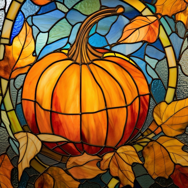 a close up of a stained glass window with a pumpkin on it generative ai