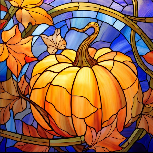 A close up of a stained glass window with a pumpkin and leaves generative ai