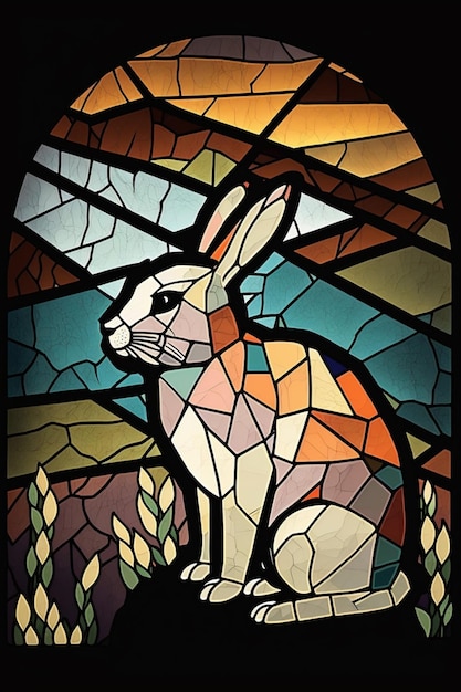 A close up of a stained glass window with a rabbit in it generative ai