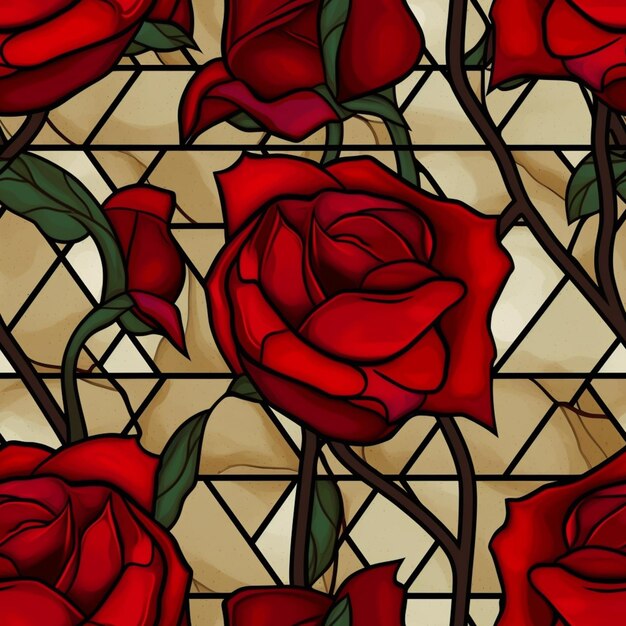 A close up of a stained glass window with red roses generative ai