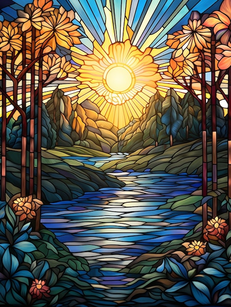 A close up of a stained glass window with a river and trees generative ai