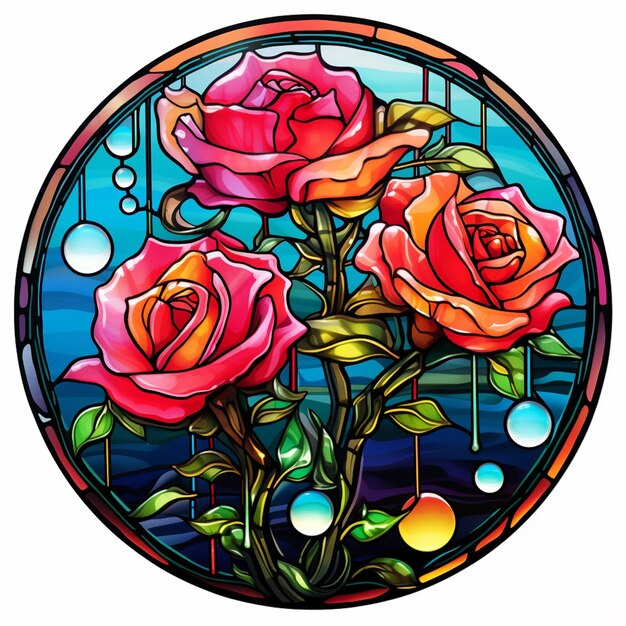 A close up of a stained glass window with roses in it generative ai