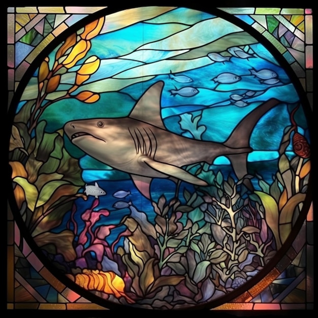A close up of a stained glass window with a shark in the ocean generative ai