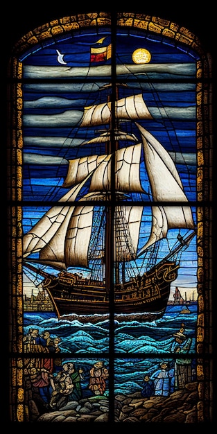 A close up of stained glass window with ship in the background generative ai