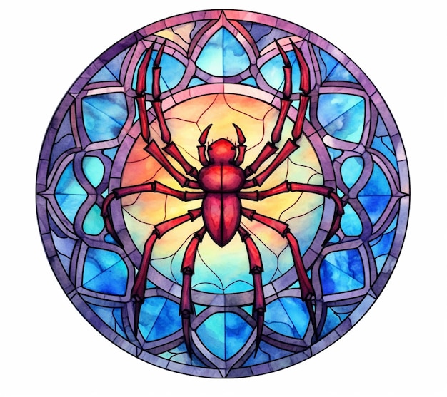 a close up of a stained glass window with a spider on it generative ai