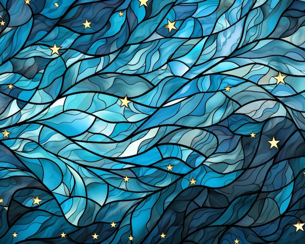 A close up of a stained glass window with stars and waves generative ai