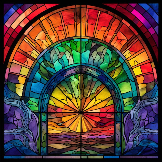 A close up of a stained glass window with a sun in the middle generative ai