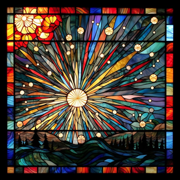 A close up of a stained glass window with a sun in the middle generative ai