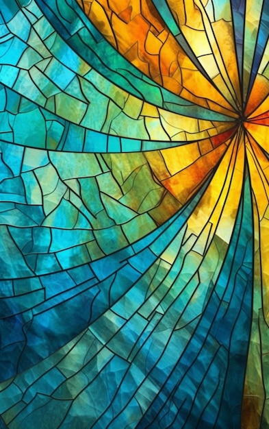 a close up of a stained glass window with a sun in the middle generative ai