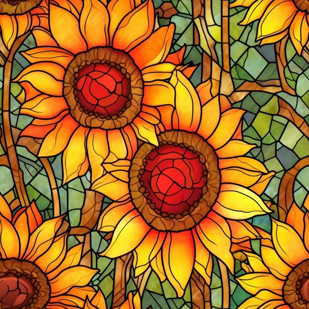 A close up of a stained glass window with sunflowers generative ai