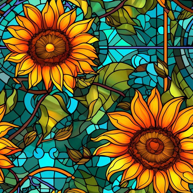 A close up of a stained glass window with sunflowers generative ai