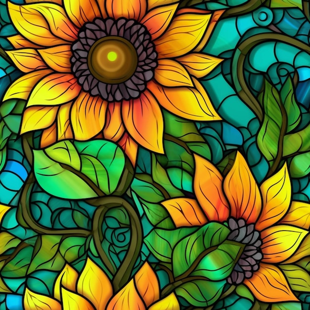 A close up of a stained glass window with sunflowers generative ai