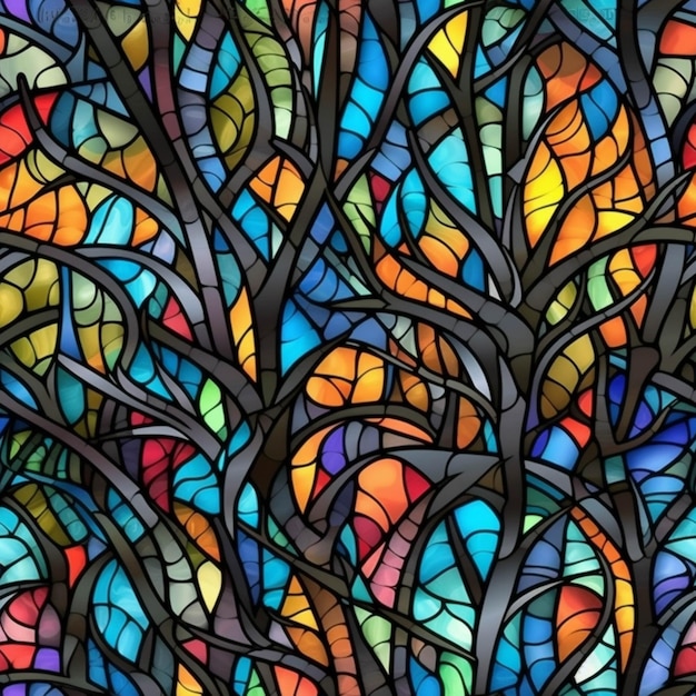 A close up of a stained glass window with a tree generative ai