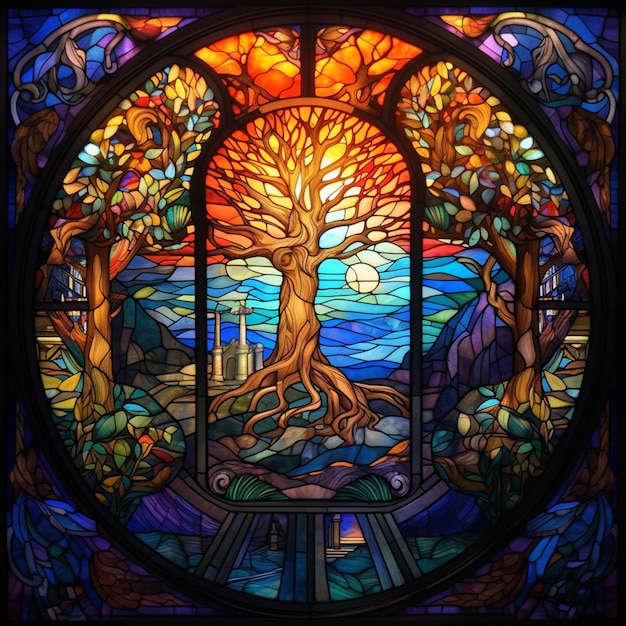 A close up of a stained glass window with a tree in it generative ai