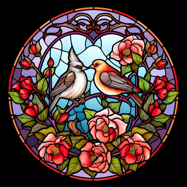 Photo a close up of a stained glass window with two birds on it generative ai