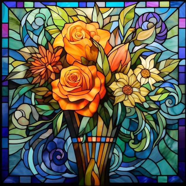 a close up of a stained glass window with a vase of flowers generative ai