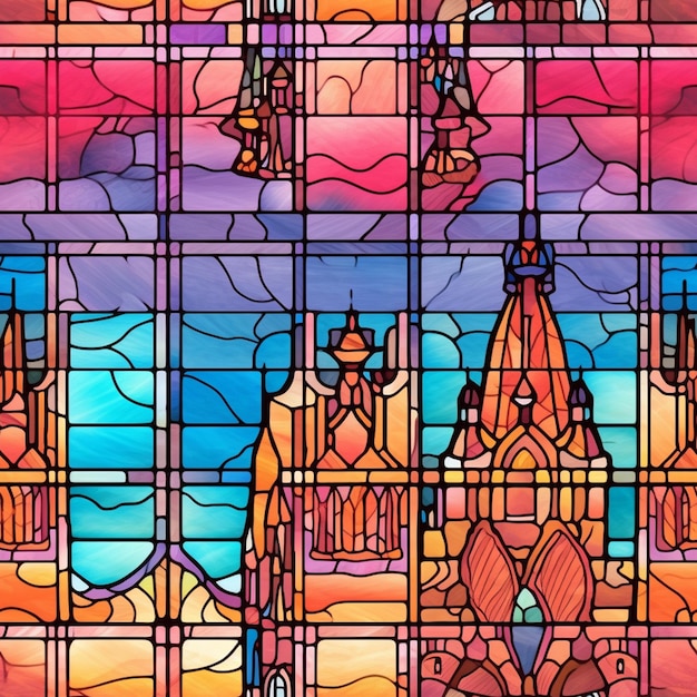 Photo a close up of a stained glass window with a view of a city generative ai