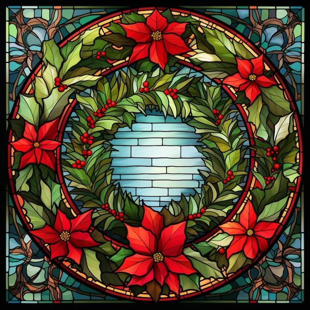 a close up of a stained glass window with a wreath generative ai