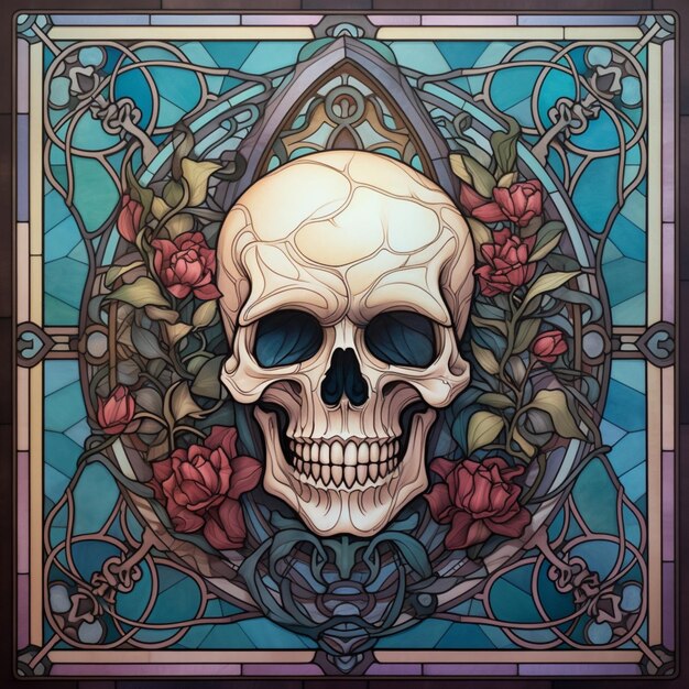 Photo a close up of a stained glass with a skull and flowers generative ai