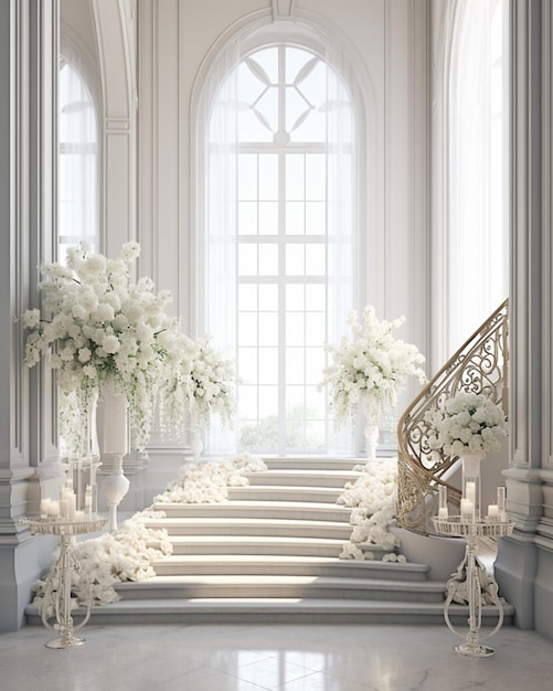 A close up of a staircase with flowers and candles on it AI Generative