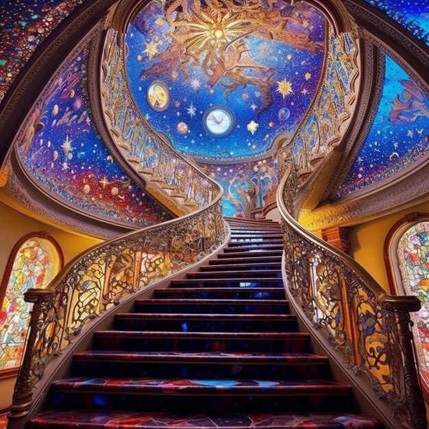 A close up of a staircase with a sky painted on the ceiling generative ai