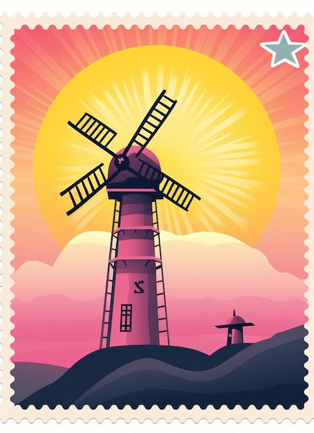 Photo a close up of a stamp with a windmill on a hill generative ai