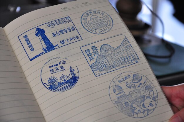 Photo close-up of stamps in page