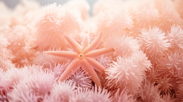 Photo a close up of a starfish on a bed of pink flowers on peach fuzz background