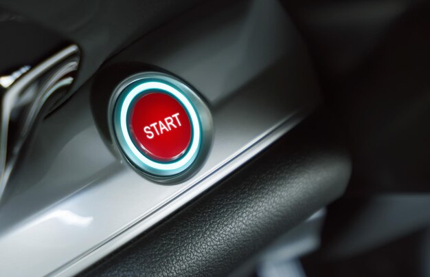 Photo close-up of start text on push button in car