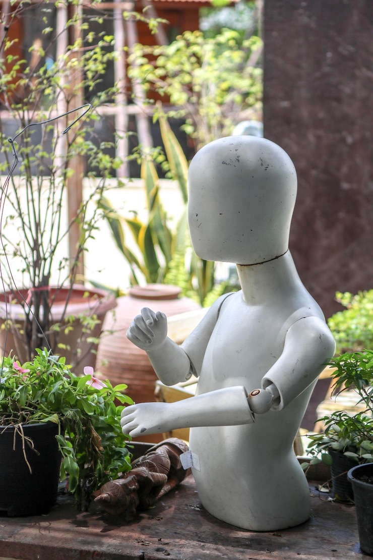 Photo close-up of statue against plants in yard
