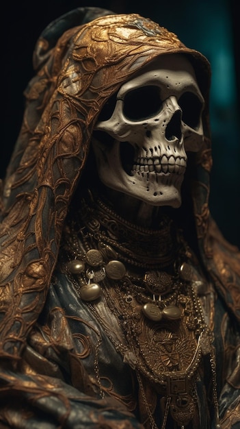 A close up of a statue of a skeleton wearing a veil generative ai