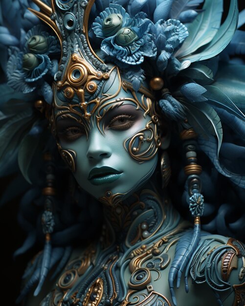 Premium AI Image  A bronze figure with a blue and gold body paint