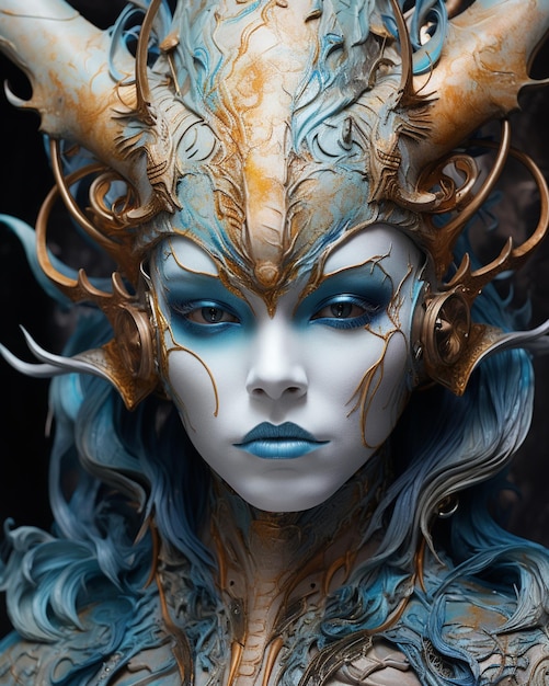 a close up of a statue of a woman with horns on her head generative ai