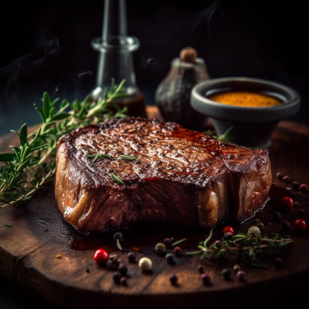 Foto un primo piano di una bistecca su un tavolo da taglio con spezie e un peperoncino generativo ai