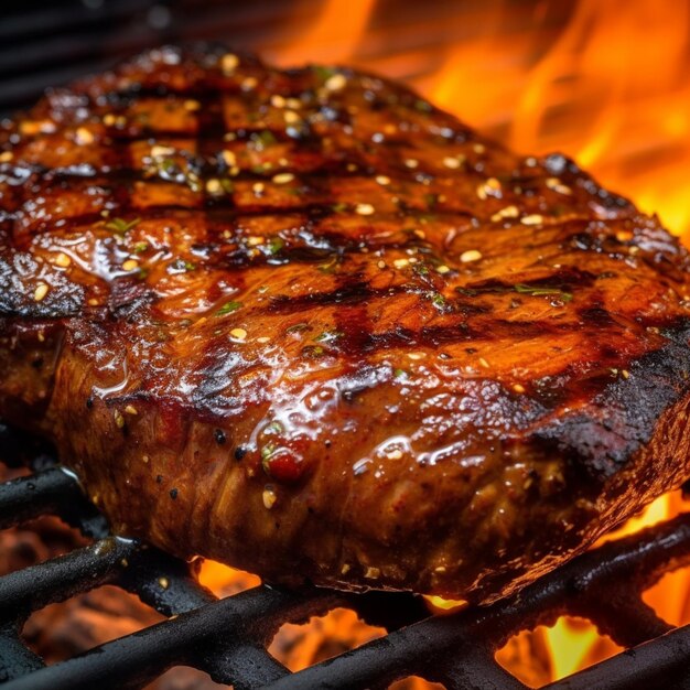 Foto un primo piano di una bistecca alla griglia con fiamme sullo sfondo ai generativo