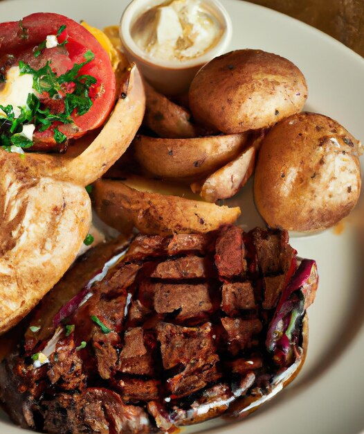 Close up of steak and potatoes on plate created using generative ai technology