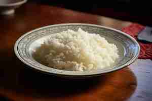 Photo close up on steamed rice meal on plate