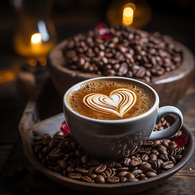 A close up of a steaming hot cup of coffee with a heart shaped latte art design on top