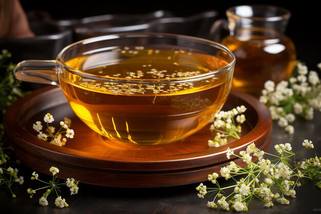 Photo close up of a steamy cup of chamomile tea on a wooden coaster